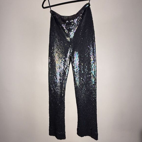 Vintage 70s Sequin Pants Black Iridescent Silk Lined High Waist Disco Glam - Picture 4 of 10